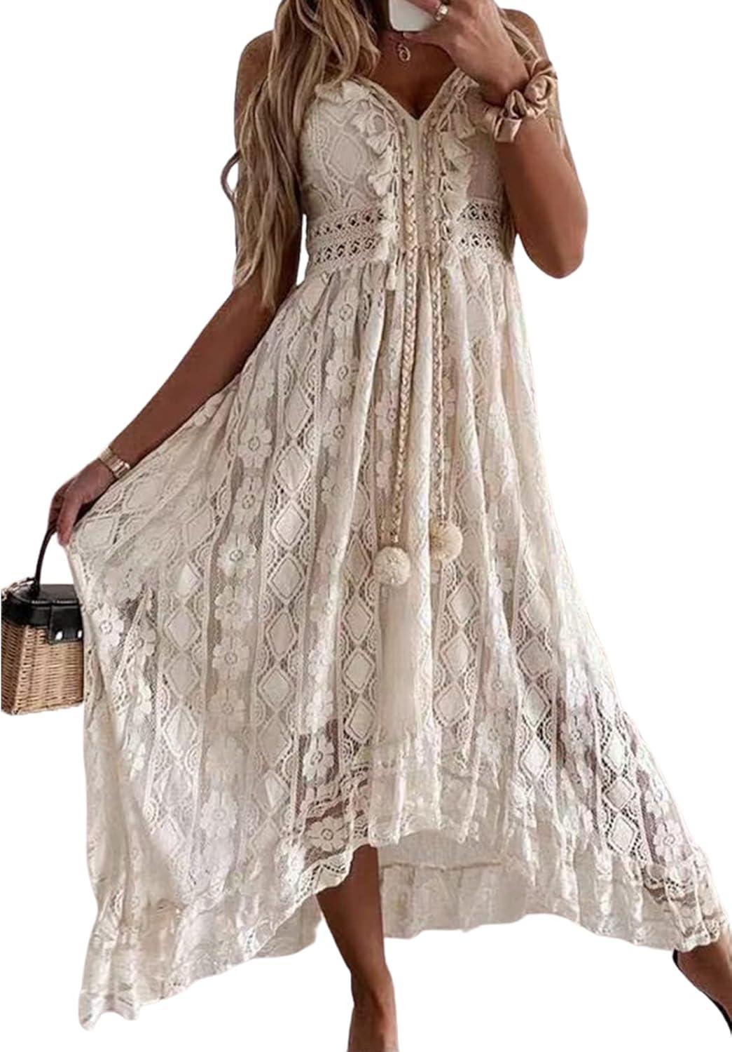 cupshe women's summer dresses sleeveless lace casual tassel beach spaghetti straps flowy maxi sun dress