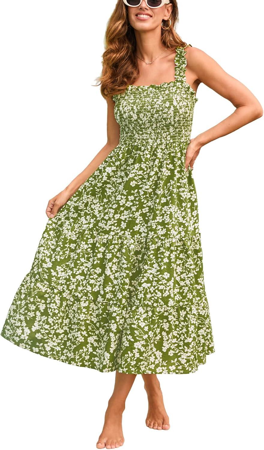cupshe women's summer dresses sleeveless square neck ruffle strap split hem tiered beach maxi dress