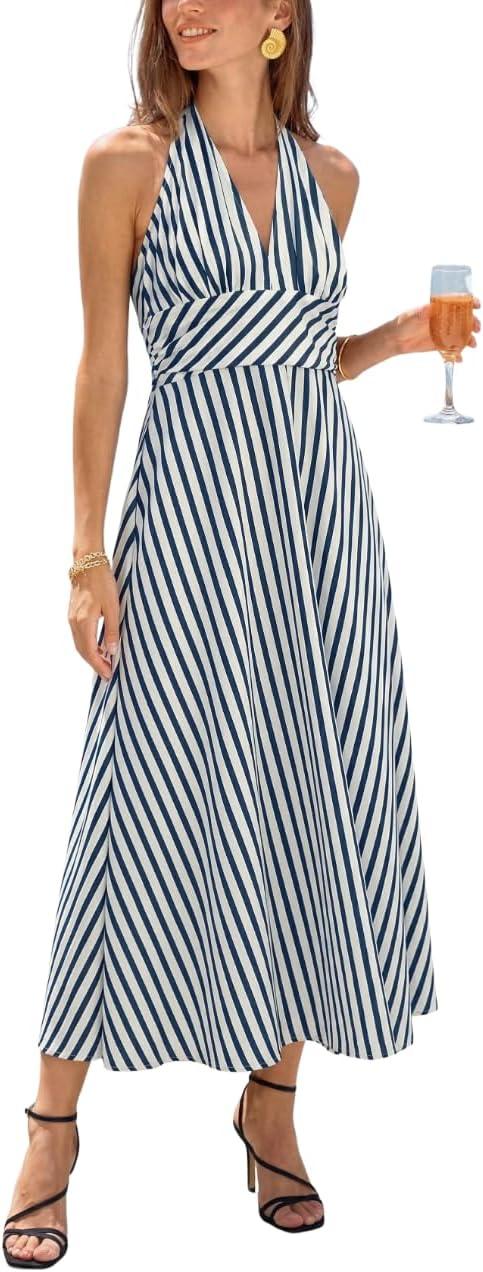 cupshe women's summer dresses striped halter backless plunging v neck beach vacation maxi dress