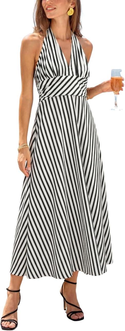 cupshe women's summer dresses striped halter backless plunging v neck beach vacation maxi dress