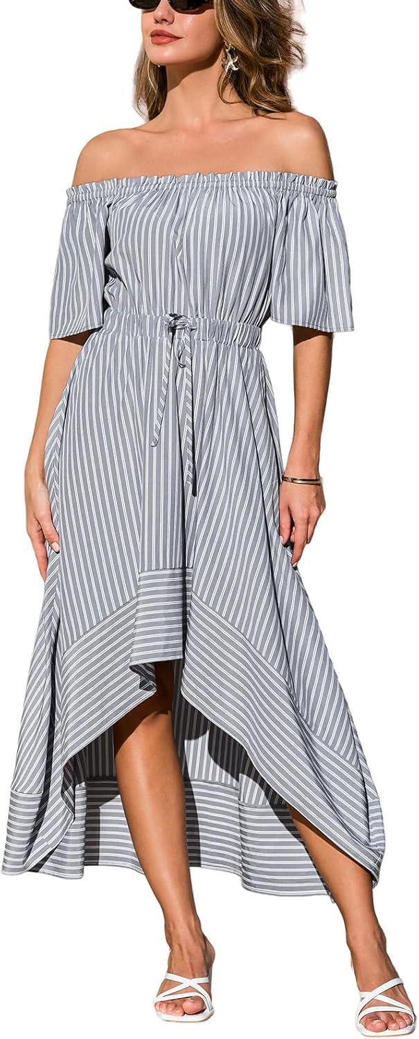 cupshe women's summer dresses striped off shoulder tie waist short sleeve ruffle beach vacation flowy maxi dress