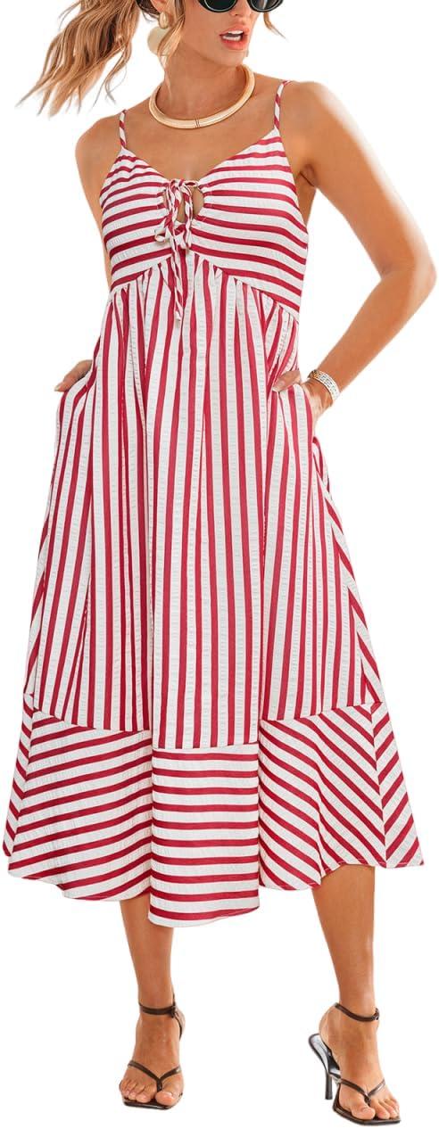 cupshe women's summer dresses striped v neck spaghetti strap sleeveless tie front cutout beach maxi dress with pockets