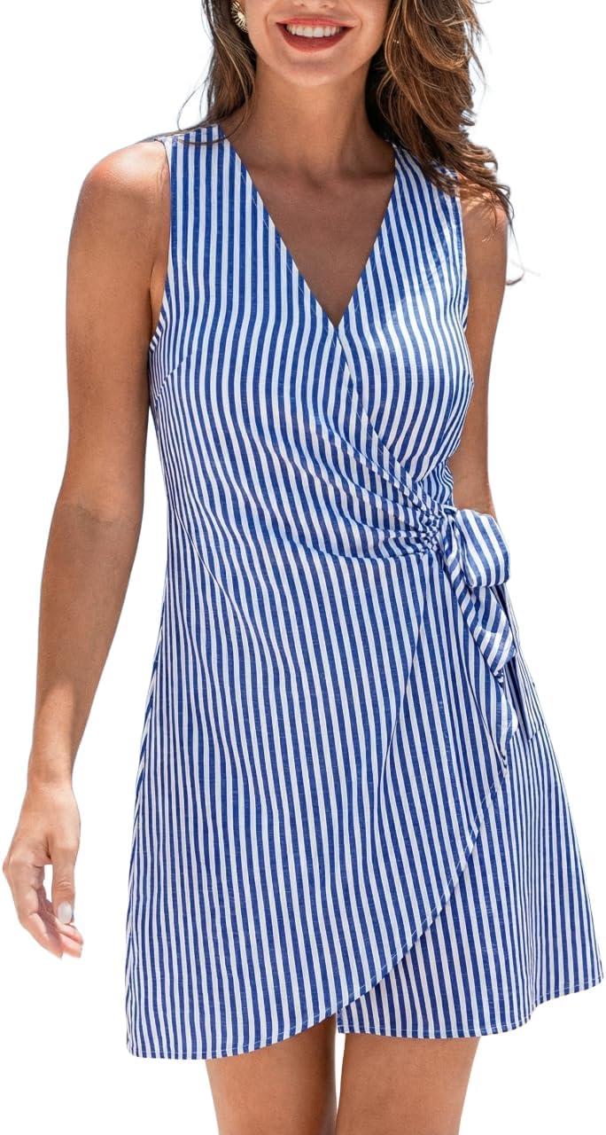 cupshe women's summer dresses striped v neck tie waist sleeveless casual wrap beach vacation mini dress