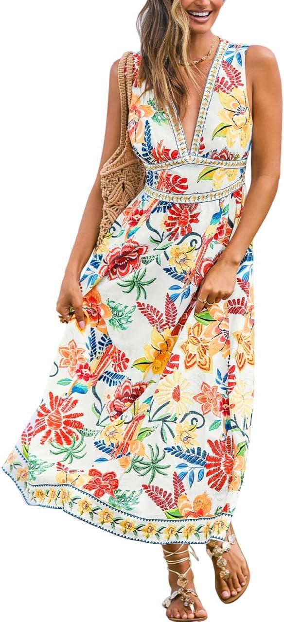 cupshe women's summer dresses tropical floral plunging v neck sleeveless flowy beach vacation maxi dress