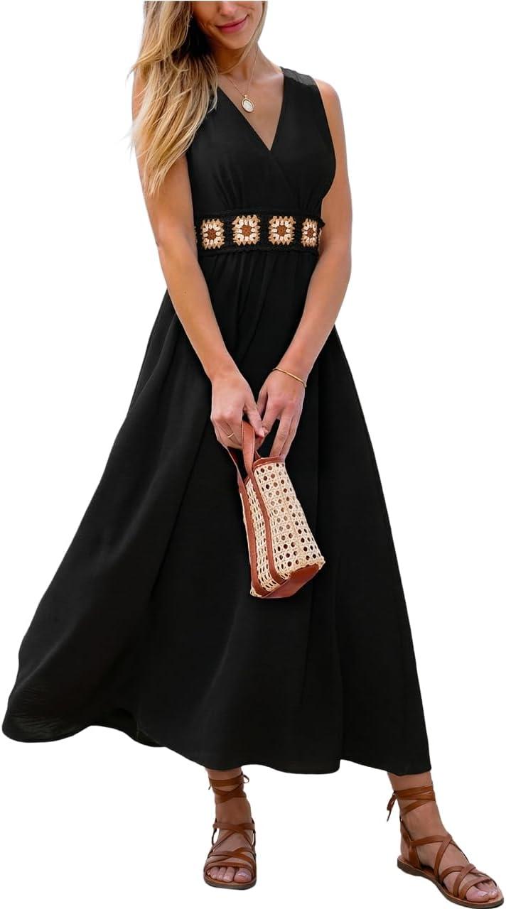 cupshe women's summer dresses v neck bohemian sleeveless embroidered waist smocked maxi dress