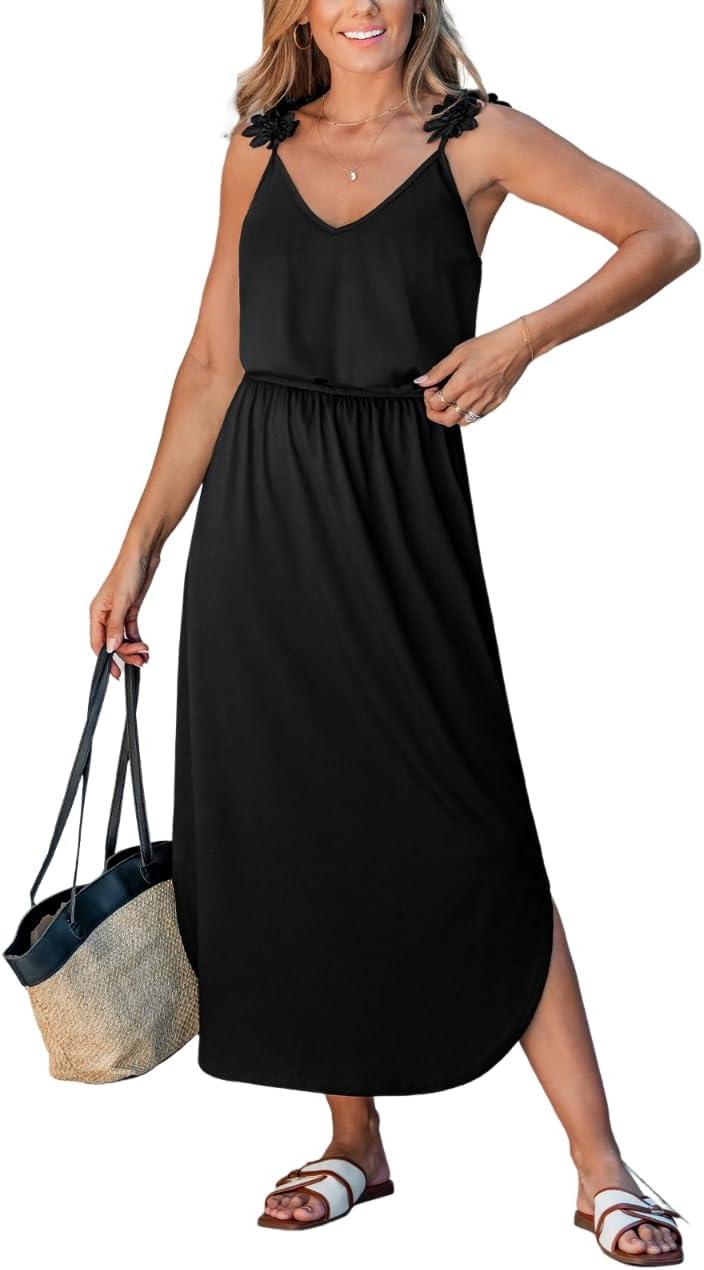 cupshe women's summer dresses v neck sleeveless 3d floral spaghetti straps smocekd elastic waist casual maxi dress
