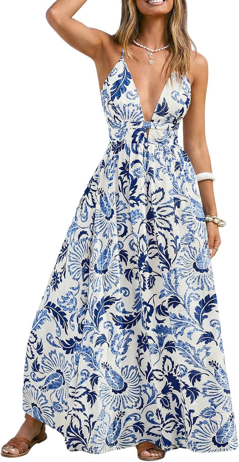 cupshe women's summer floral maxi dress deep v neck sleeveless backless boho beach high waist a-line flowy vacation sundress