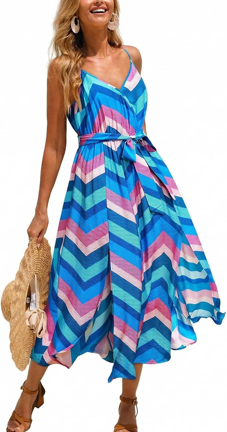 cupshe women's summer floral maxi sundress sleeveless v neck wrap flowy dress tie belted beach vacation long dress