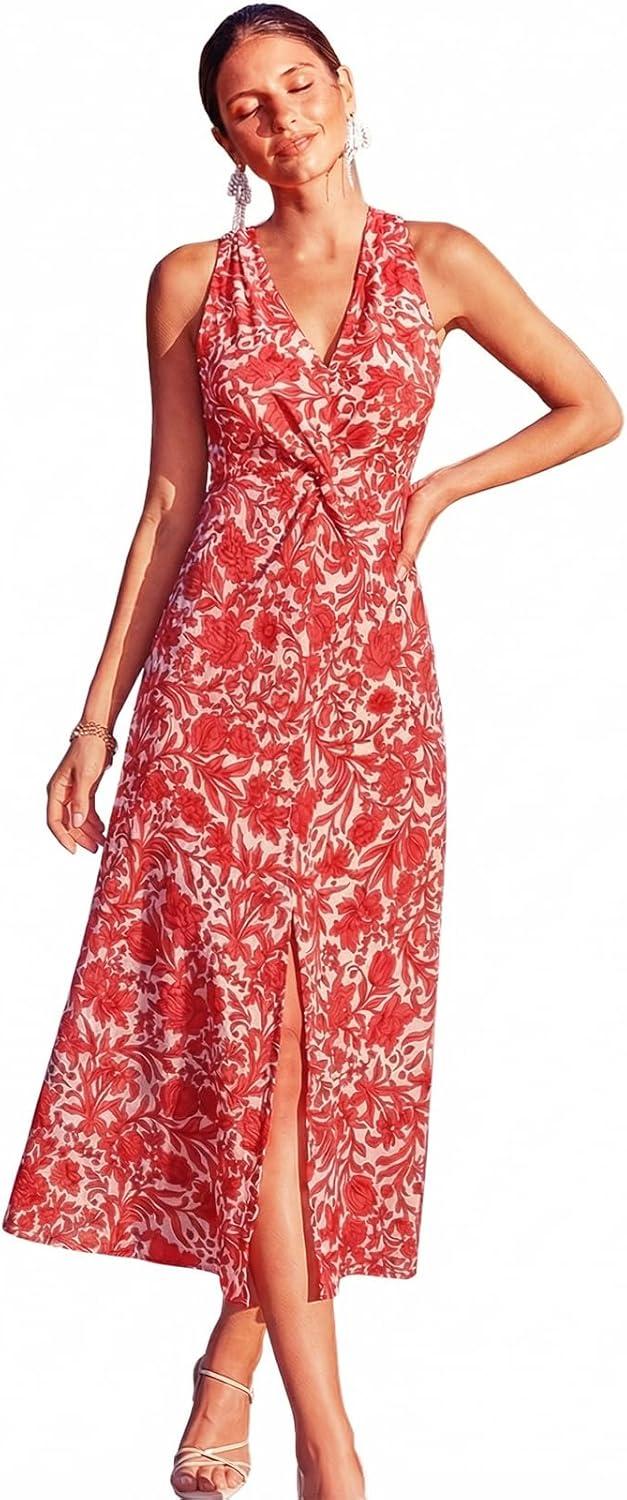 cupshe women's summer floral midi dress sleeveless v neck twist knot front flowy a line sundress for beach vacation