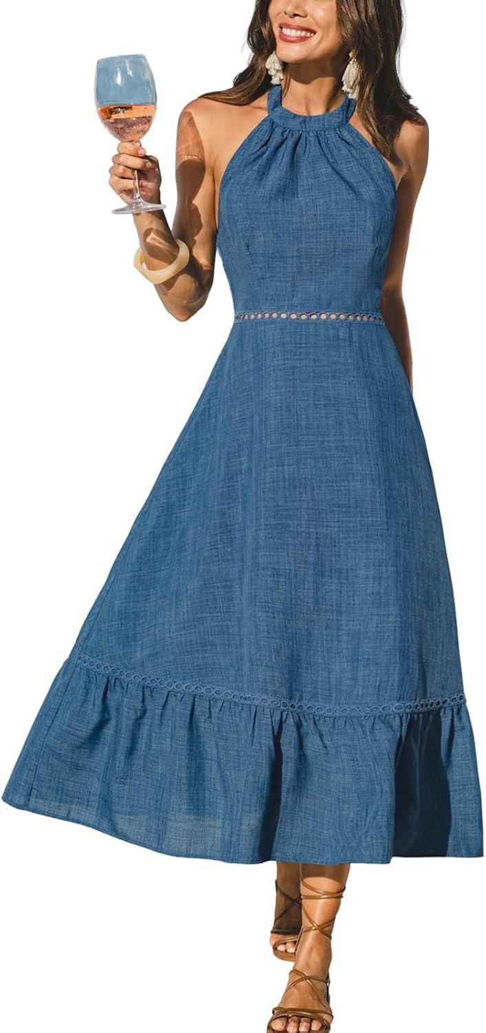 cupshe women's summer halter midi dress sleeveless cutout waist smocked back dress vacation beach tiered flowy long dress