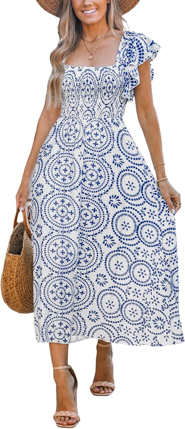 cupshe women's summer midi dress paisley square neck flutter sleeve smocked dresses boho vacation flowy sundress