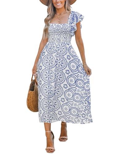 cupshe women's summer midi dress paisley square neck short flutter sleeve smocked dresses blue s