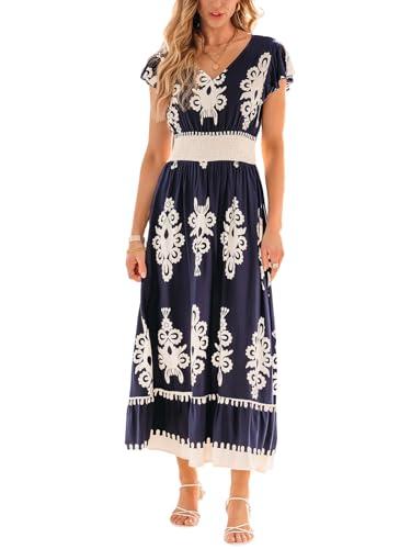 cupshe women's summer midi dress v neck ruffle short sleeve smocked waist dress navy blue m