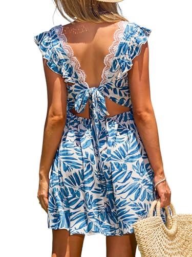 cupshe women's summer mini dress v neck casual tropical spring flutter sleeve a line short beach dress blue printed, s