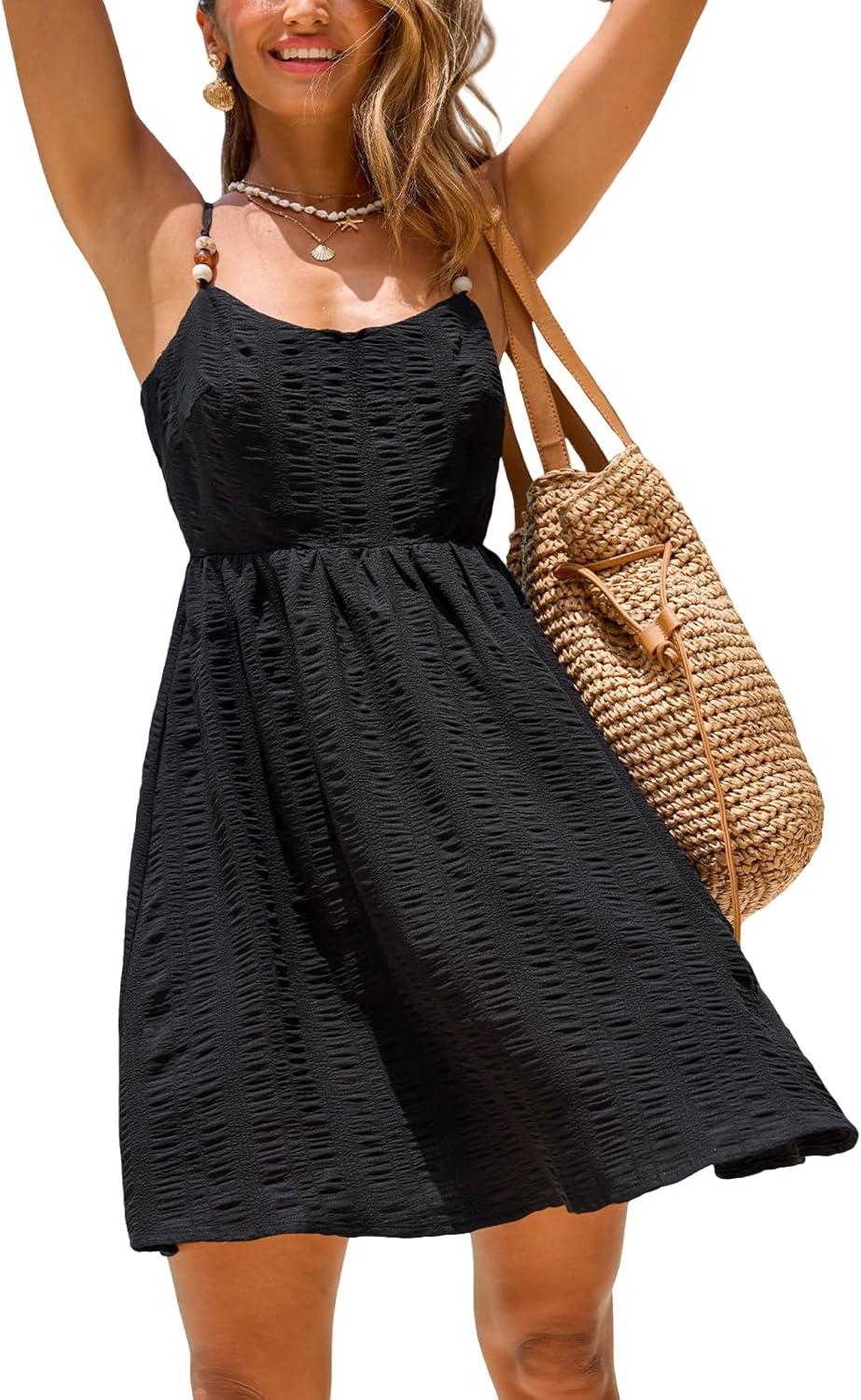 cupshe women's summer mini dress v neck sleeveless smocked casual sundress flowy beach vacation dresses