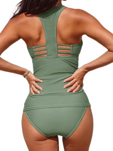 cupshe women's tankini sets two piece swimsuit racerback bathing suits top cutout mid rise bottom, xl olive green