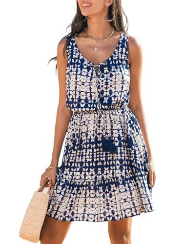 cupshe women's tie dye summer mini dress tassel trim elastic waist scoop neck short dress navy blue l