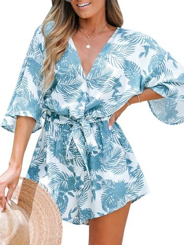 cupshe women's tropical floral leaf print belted romper mini jumpsuit with flare sleeves