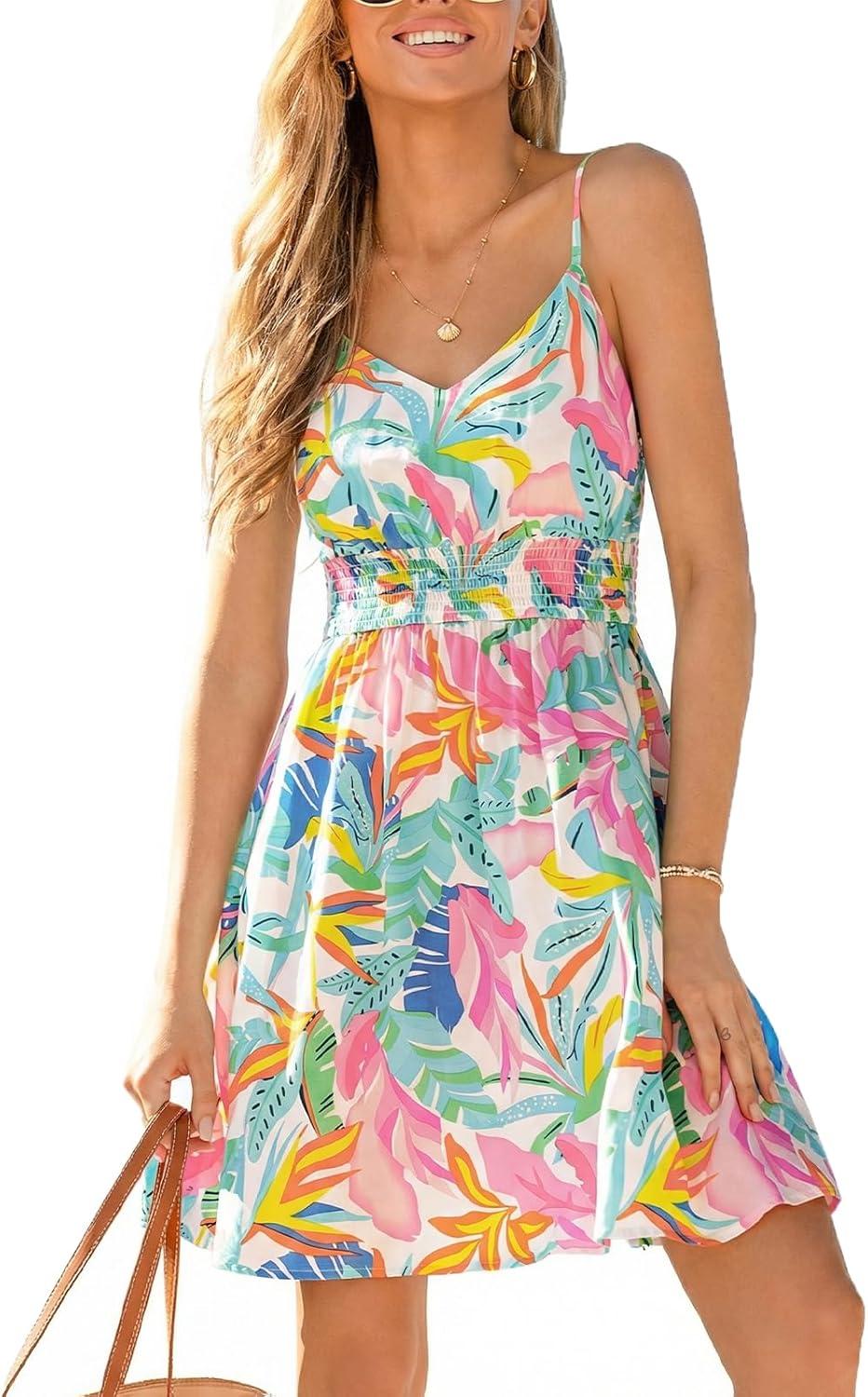 cupshe women's tropical floral mini sundress spaghetti strap v neck flowy smocked dress boho summer beach dress