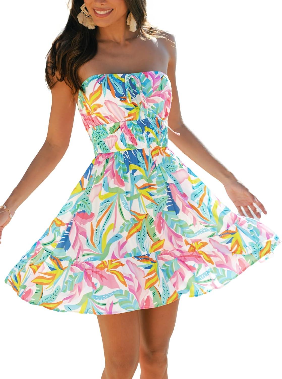 cupshe women's tropical floral tube dress strapless beach mini sundress smocked waist tie front summer short dress