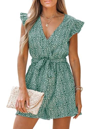 cupshe women's v neck summer romper floral print belted elastic waist ruffled flutter sleeves mini jumpsuit dark green, m