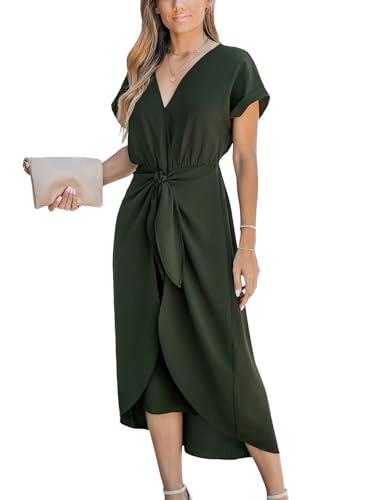 cupshe women's v neck wrap dress twisted slit pleated waist tie short sleeve summer midi dresses army green xl