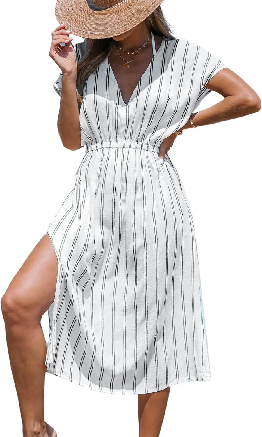 cupshe women beach cover up v neck short sleeve striped midi swimsuit coverup dress xs-xxl