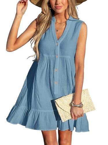 cupshe women beach cover ups 100% cotton v neck ruffle hem bathing suit coverup dress lake blue, l
