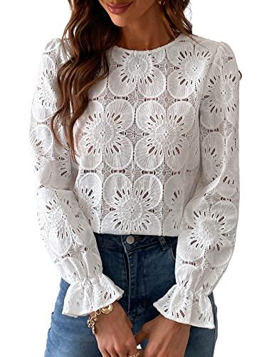 cupshe women eyelet long sleeve tops shirts dressy hollow out crochet lace embroidered blouses 2025 fashion top white