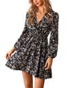 cupshe women floral ruffle summer dress surplice v neck long peasant sleeve elastic waist flowy casual holiday mini dress, black m