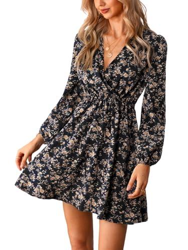 cupshe women floral ruffle summer dress surplice v neck long peasant sleeve elastic waist flowy casual holiday mini dress, black m