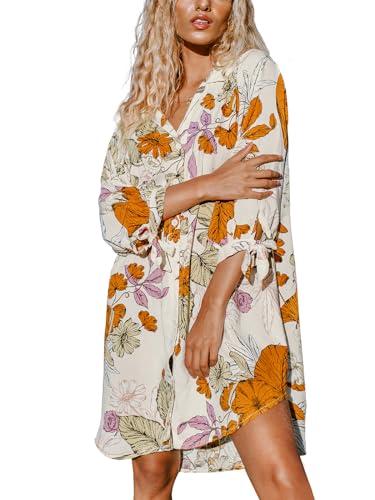 cupshe women floral shirt dress cover up beach dress 3/4 sleeve button down midi length dress white yellow m