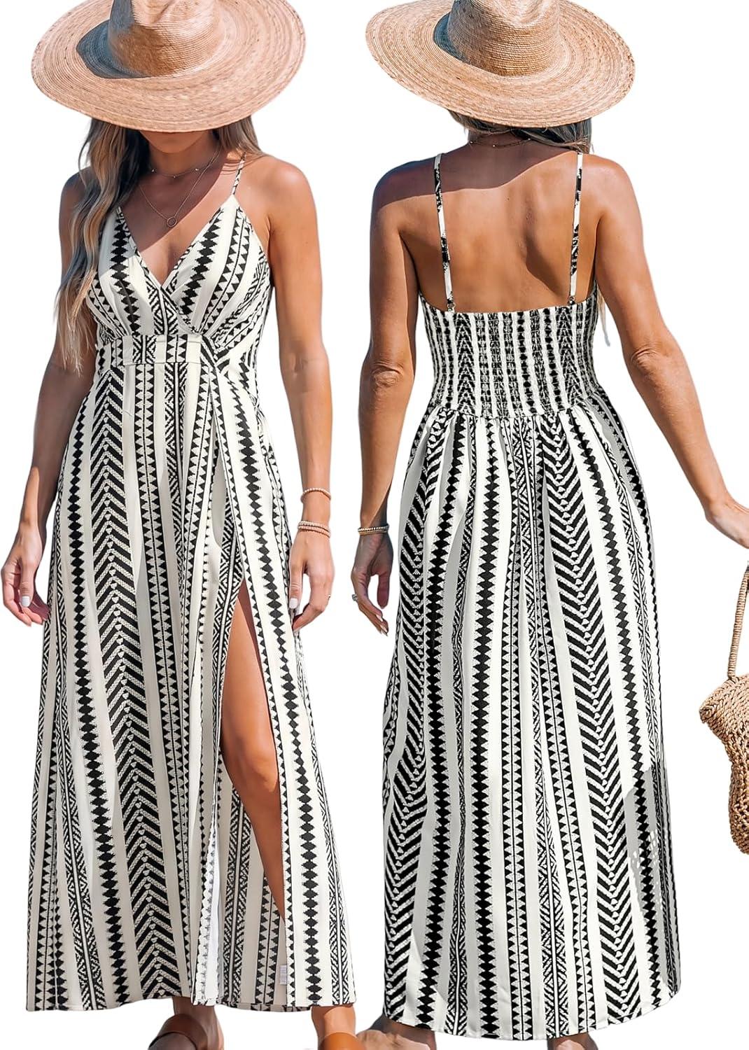 cupshe women halter backless summer dresses spaghetti strap side slit casual beach sundress holiday vacation maxi dress