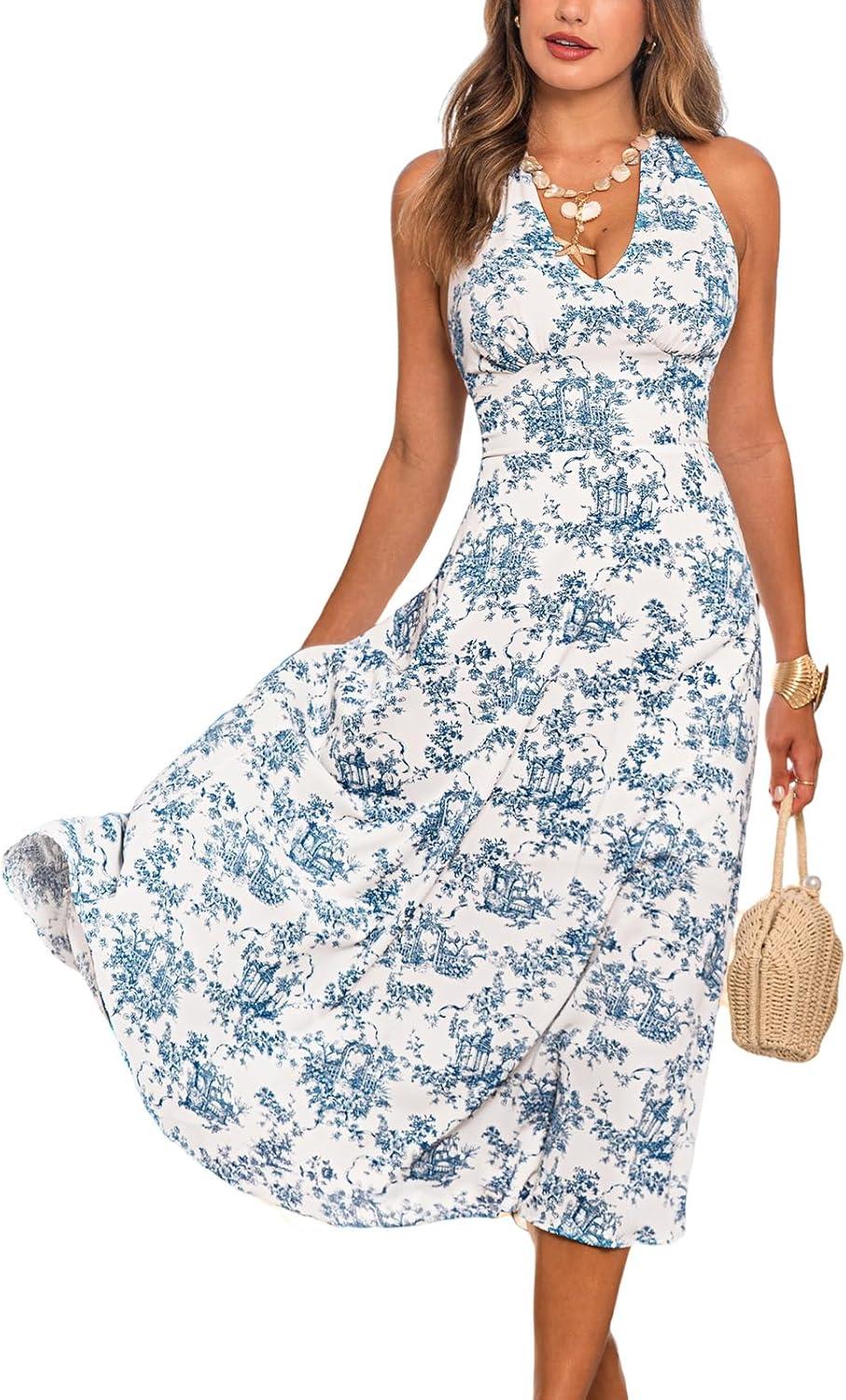 cupshe women halter floral summer dresses plunge v backless sleeveless casual vacation dress beach holiday midi sundress
