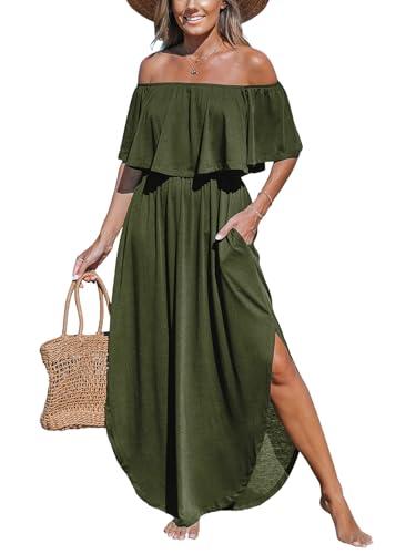 cupshe women knit ruffle maxi summer dress cover up off shoulder split curved hem casual sundress beach dresses cover ups with pockets, green m