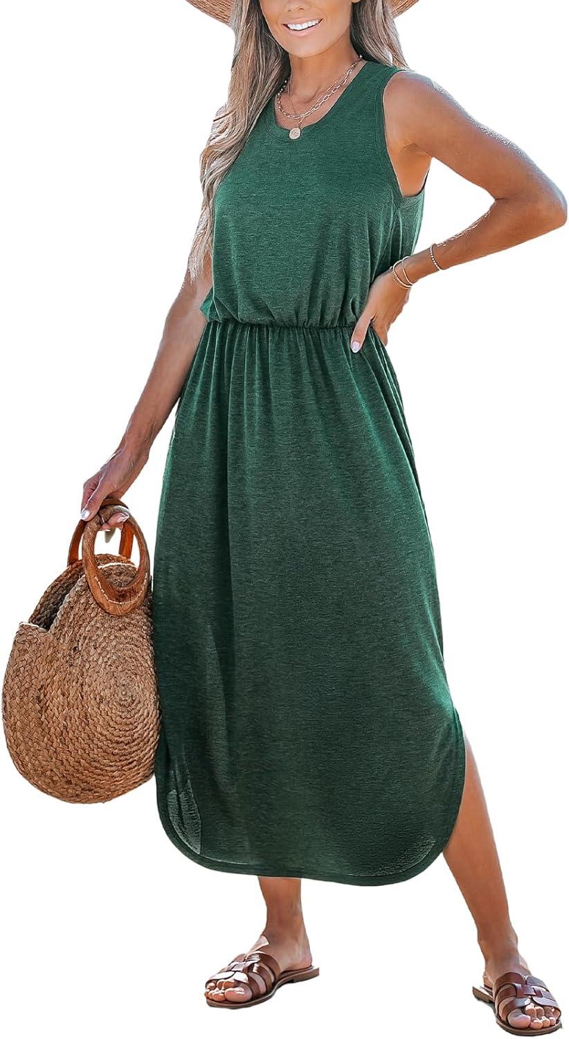 cupshe women knit summer dress cover up crew neck elastic waist side slit midi casual sundress beach cover up dresses