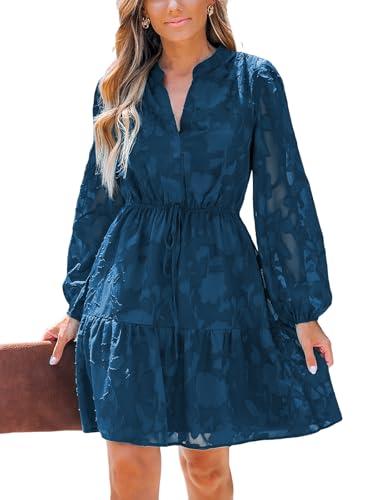 cupshe women lace ruffle mini dress v neck long peasant sleeve elastic waist tie semi formal wedding guest dress fall, navy blue xs