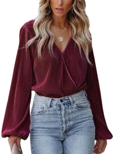 cupshe women long lantern sleeve shirts tops dressy casual loose fit v neck blouses wine m