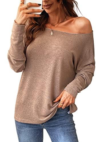 cupshe women long sleeve off the shoulder knitted tops casual loose fit solid blouses taupe