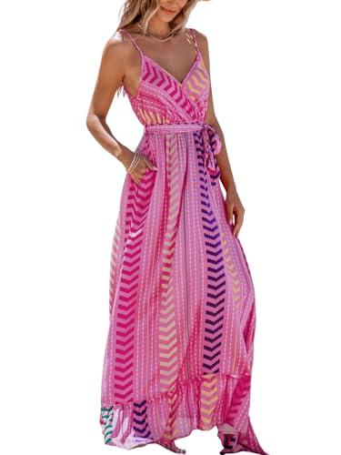 cupshe women maxi dresses spaghetti straps v neck sleeveless belted beach boho ruffled summer pockets vacation casual dress pink, m