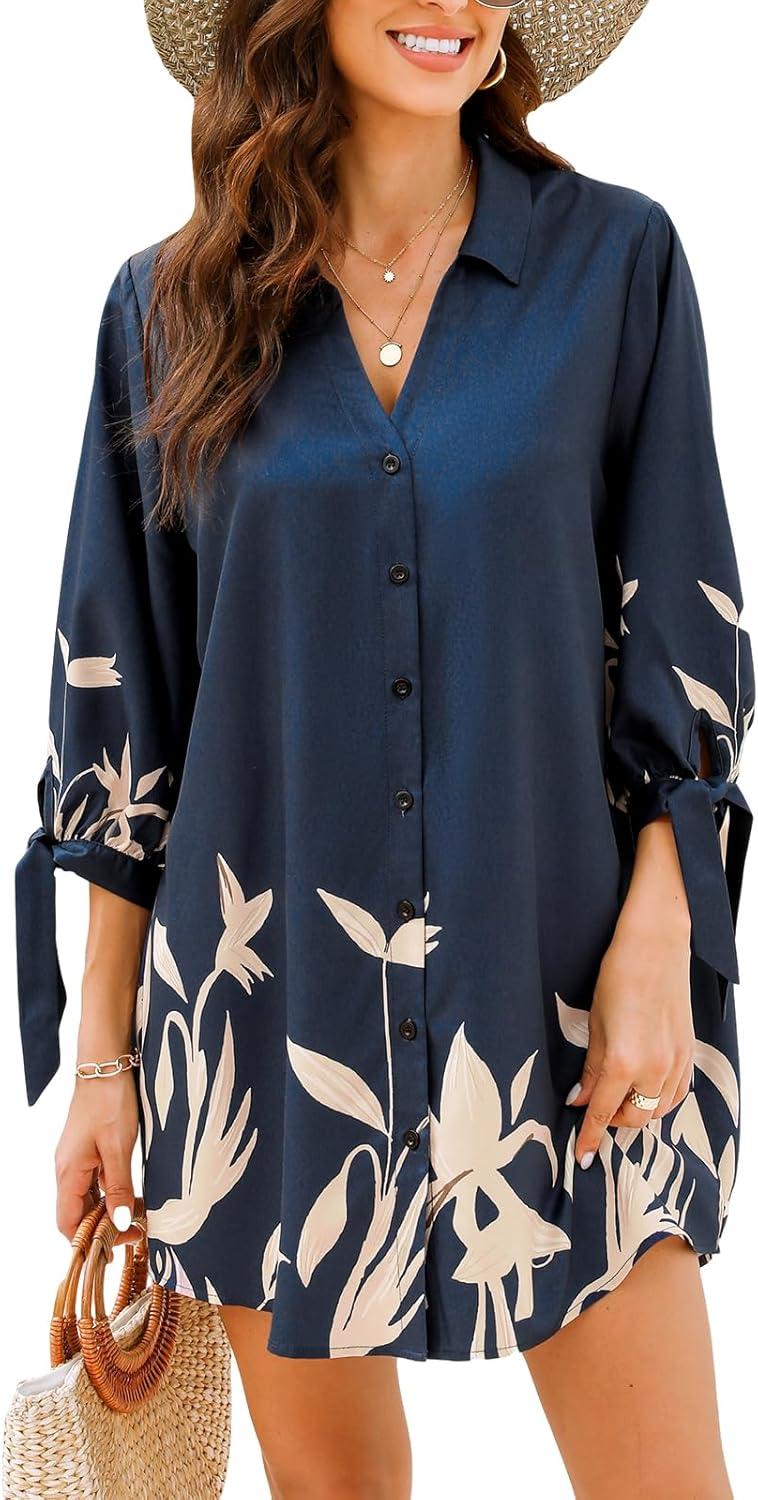 cupshe women mini summer dress cover up oversize floral shirt 3/4 sleeve cuff tie button down beach dresses cover up top
