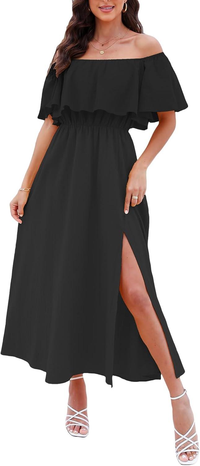 cupshe women ruffle floral maxi summer dress off shoulder short sleeve backless flounce bodice slit hem beach dresses