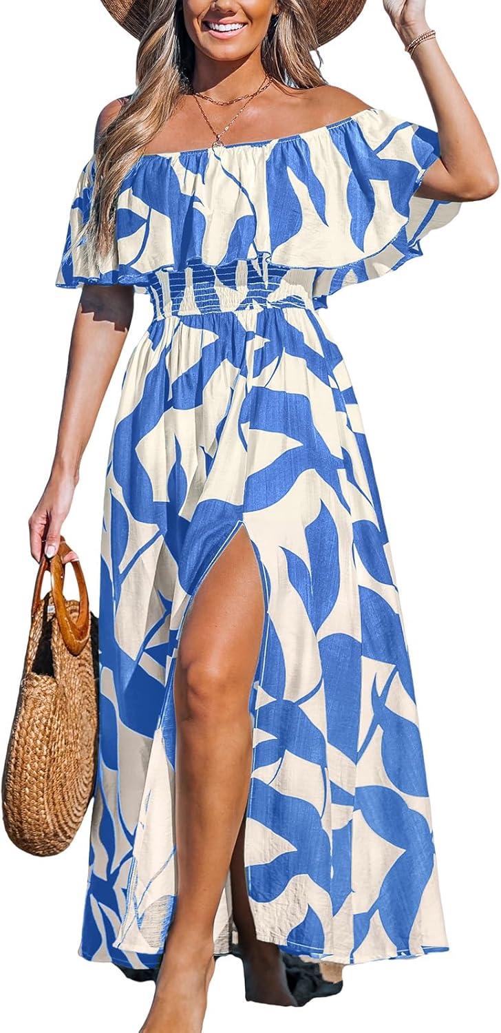 cupshe women ruffle floral maxi summer dress off shoulder short sleeve backless flounce bodice slit hem beach dresses