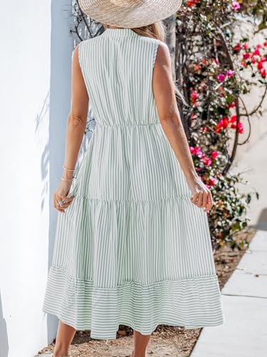 cupshe women ruffle summer dress 2025 stripe notched v neck front button casual sun dress elastic waist holiday beach midi dress with pockets, green l