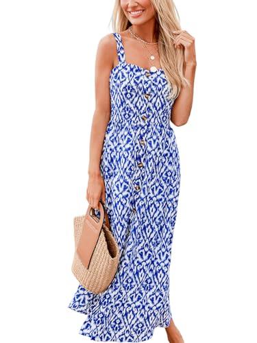 cupshe women ruffle summer dress 2025 sweetheart neck button front straps sleeveless geo casual sundress holiday vacation beach maxi dress, blue l