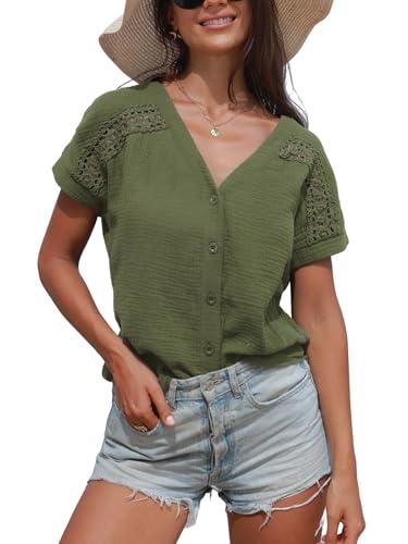 cupshe women summe tops v neck blouses short sleeves lace shirt button front tee work vacation outfits green l
