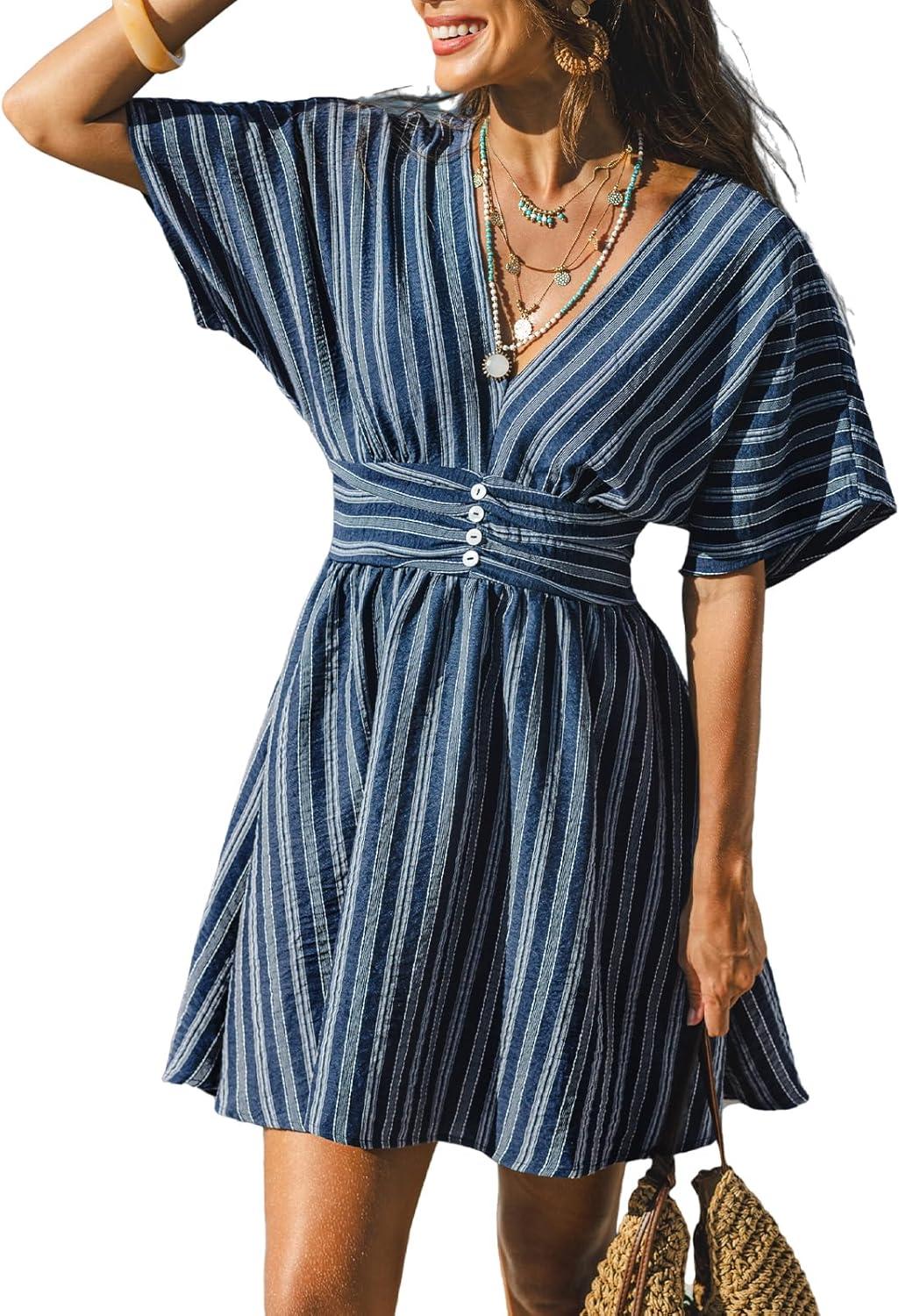 cupshe women summer dress striped v neck smocked waist front buttons sun dress casual vacation beach short mini dress