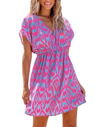cupshe women swimsuit cover ups short sleeve beach dress elastic waist geometric boho sundress purple large