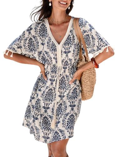 cupshe women tassel trim mini beach summer dress v neck lace short sleeve paisley boho casual vacation holiday spring dresses, blue l