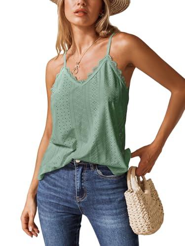 cupshe women tops eyelet jersey cami lace shirt v neck sleeveless tee casual dressy green l